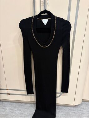 Bottega Veneta Black Long Sleeve V-Neck Ribbed Dress with Gold Chain Trim